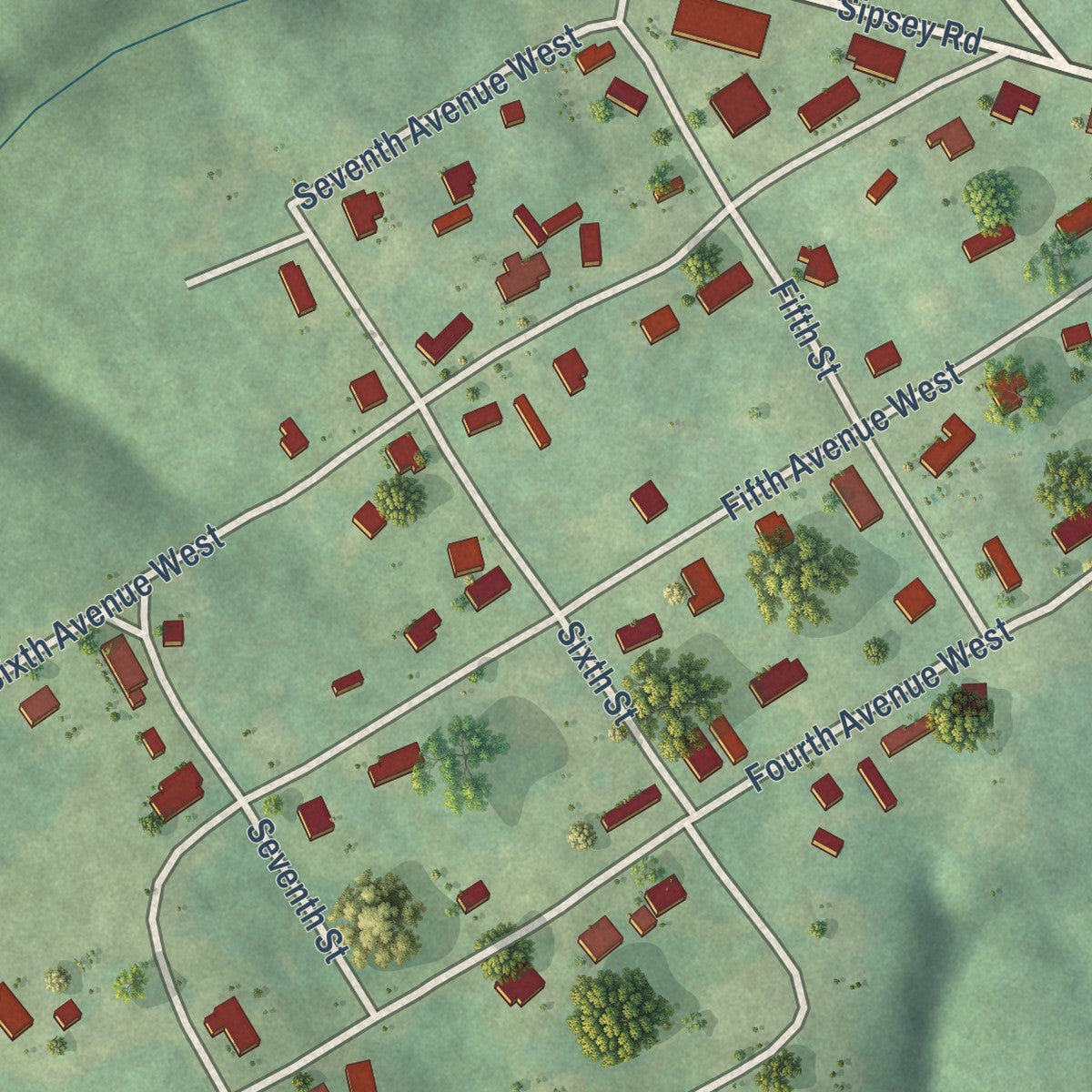 Close-up of the map of Sipsey, Alabama print showing street and building detail