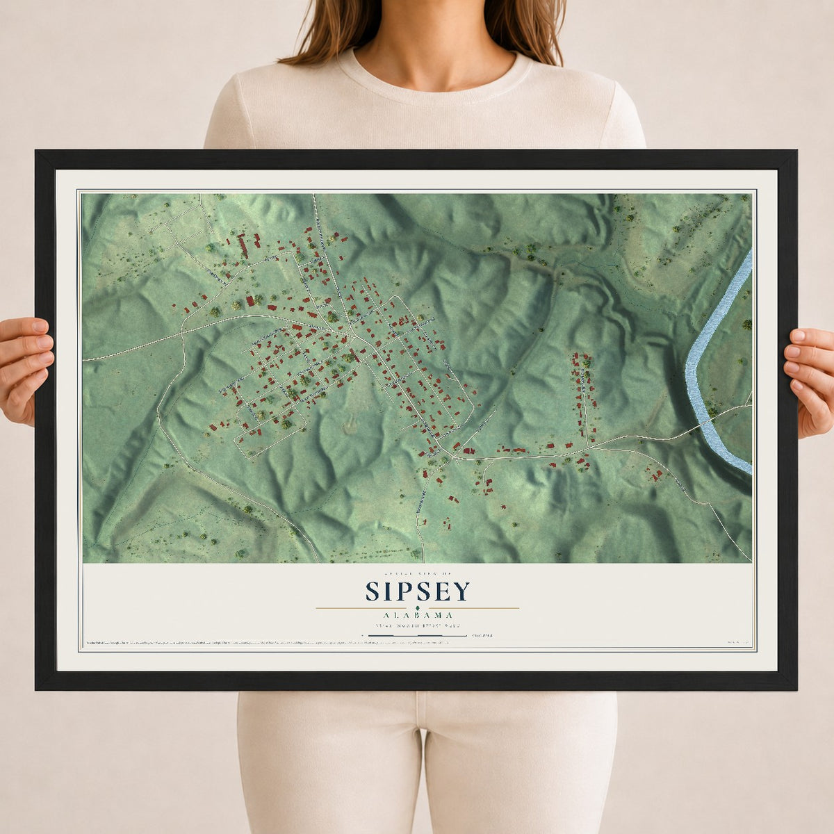 Map of Sipsey, Alabama, 18 x 24 inch print in a black wood frame