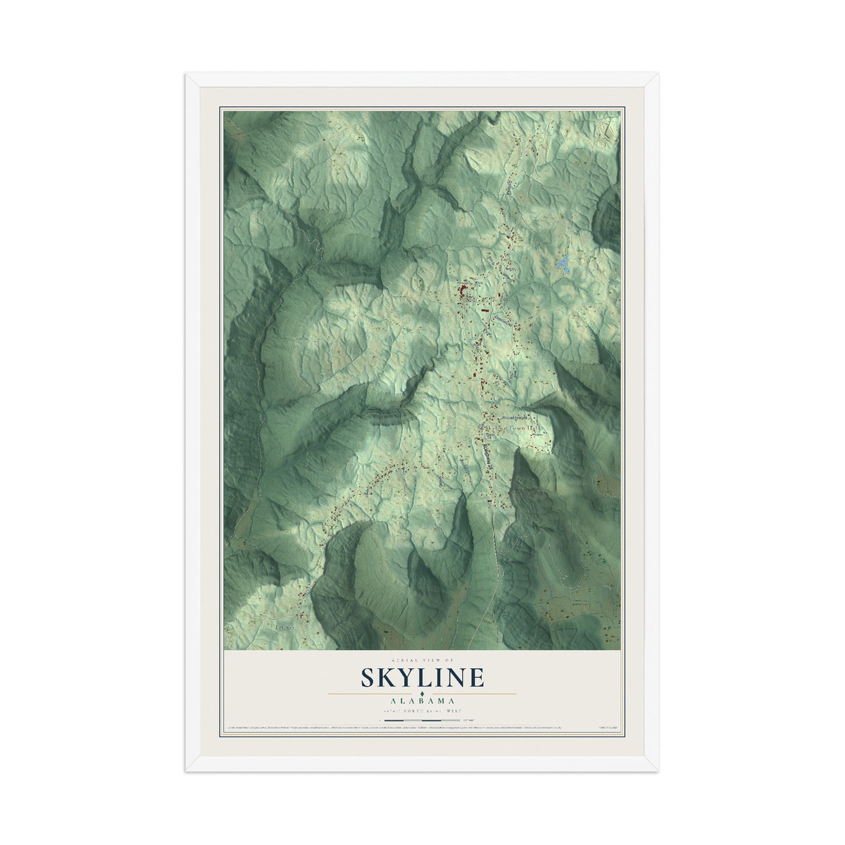 Map of Skyline, Alabama, 12 x 18 inch print in a white wood frame