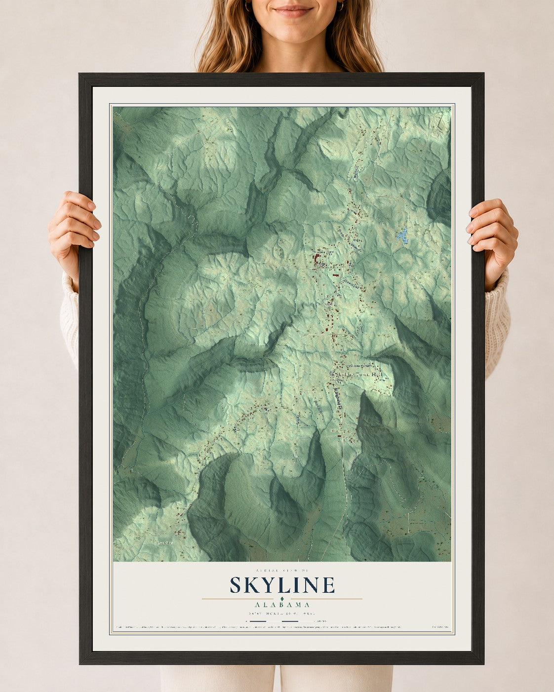 Map of Skyline, Alabama, 24 x 36 inch print in a black wood frame
