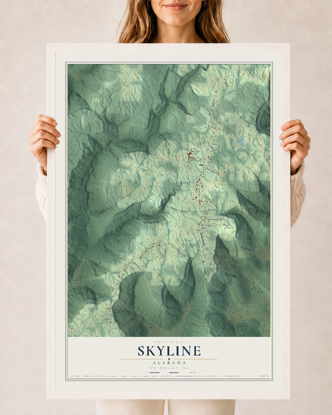 Map of Skyline, Alabama, 24 x 36 inch print in a white wood frame