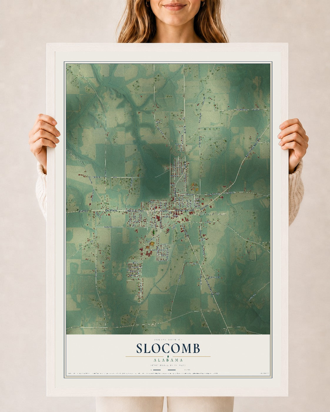 Map of Slocomb, Alabama, 24 x 36 inch print in a white wood frame