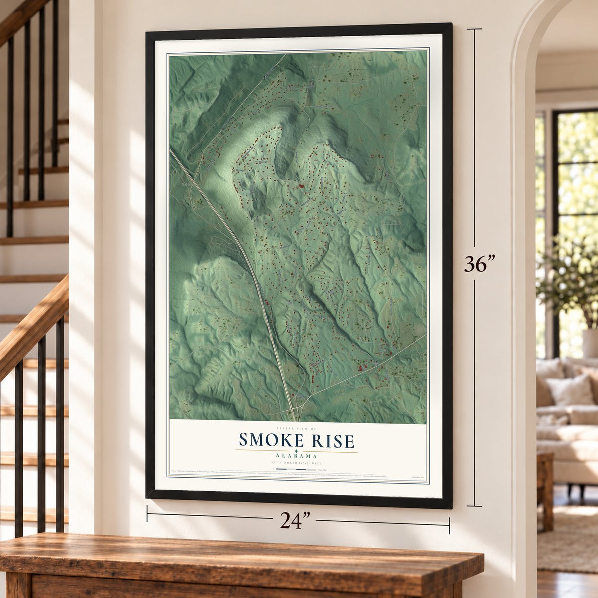 Smoke Rise, Alabama map, 24 x 36 inch print in a black frame by a staircase
