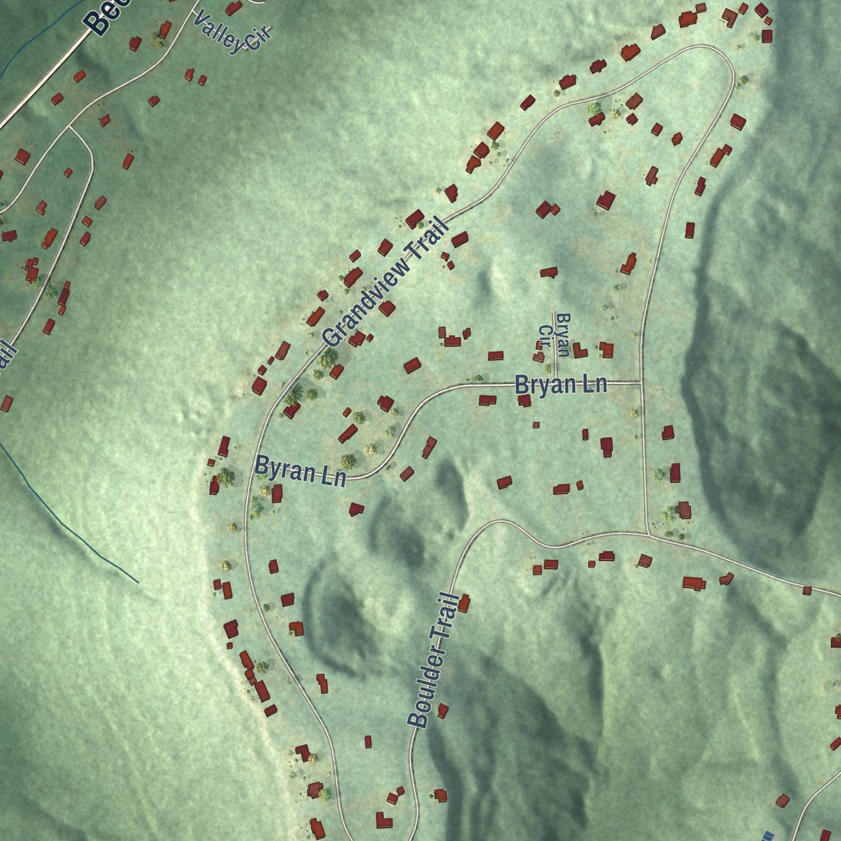 Close-up of the map of Smoke Rise, Alabama print showing street and building detail
