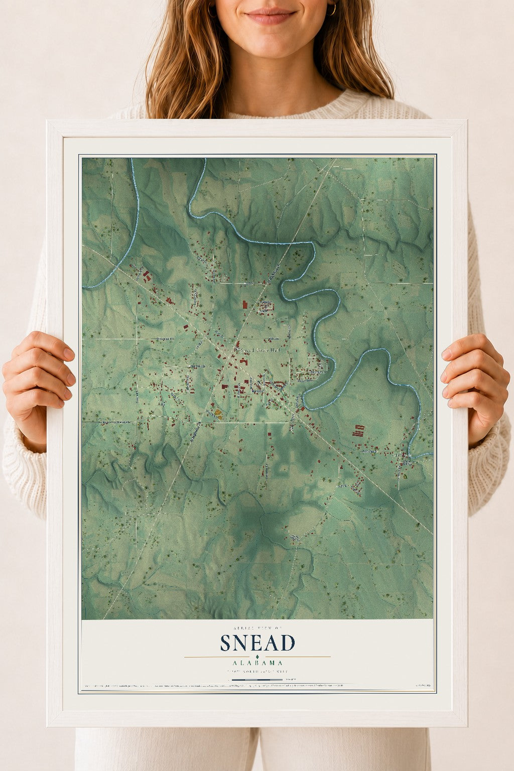 Map of Snead, Alabama, 18 x 24 inch print in a white wood frame