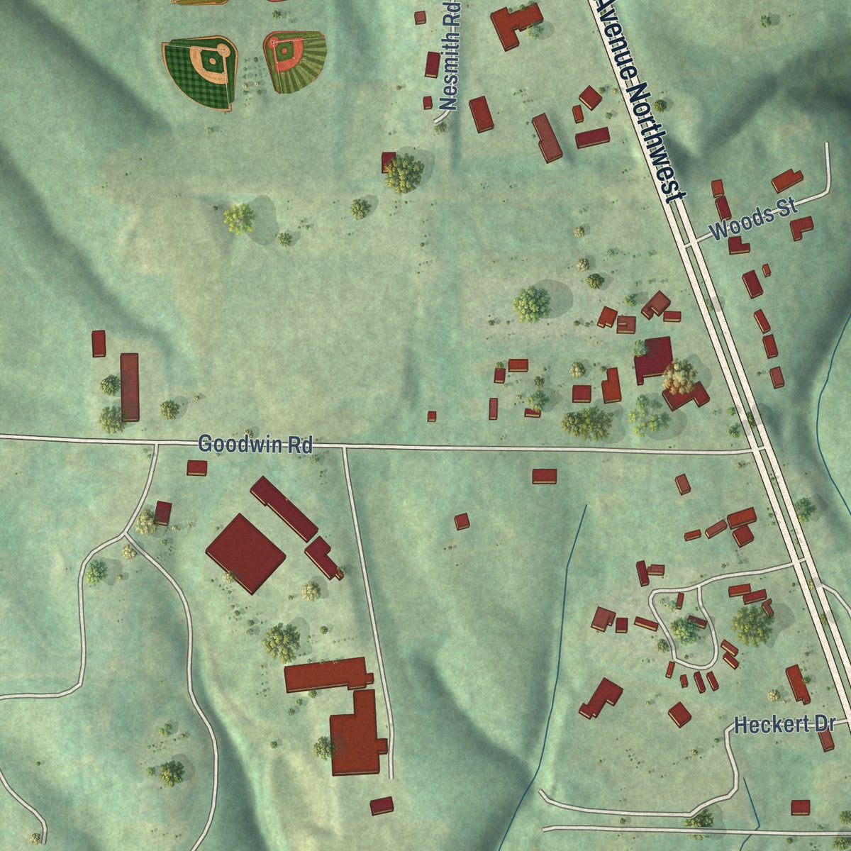Second close-up of the map of South Vinemont, Alabama print showing more streets and buildings