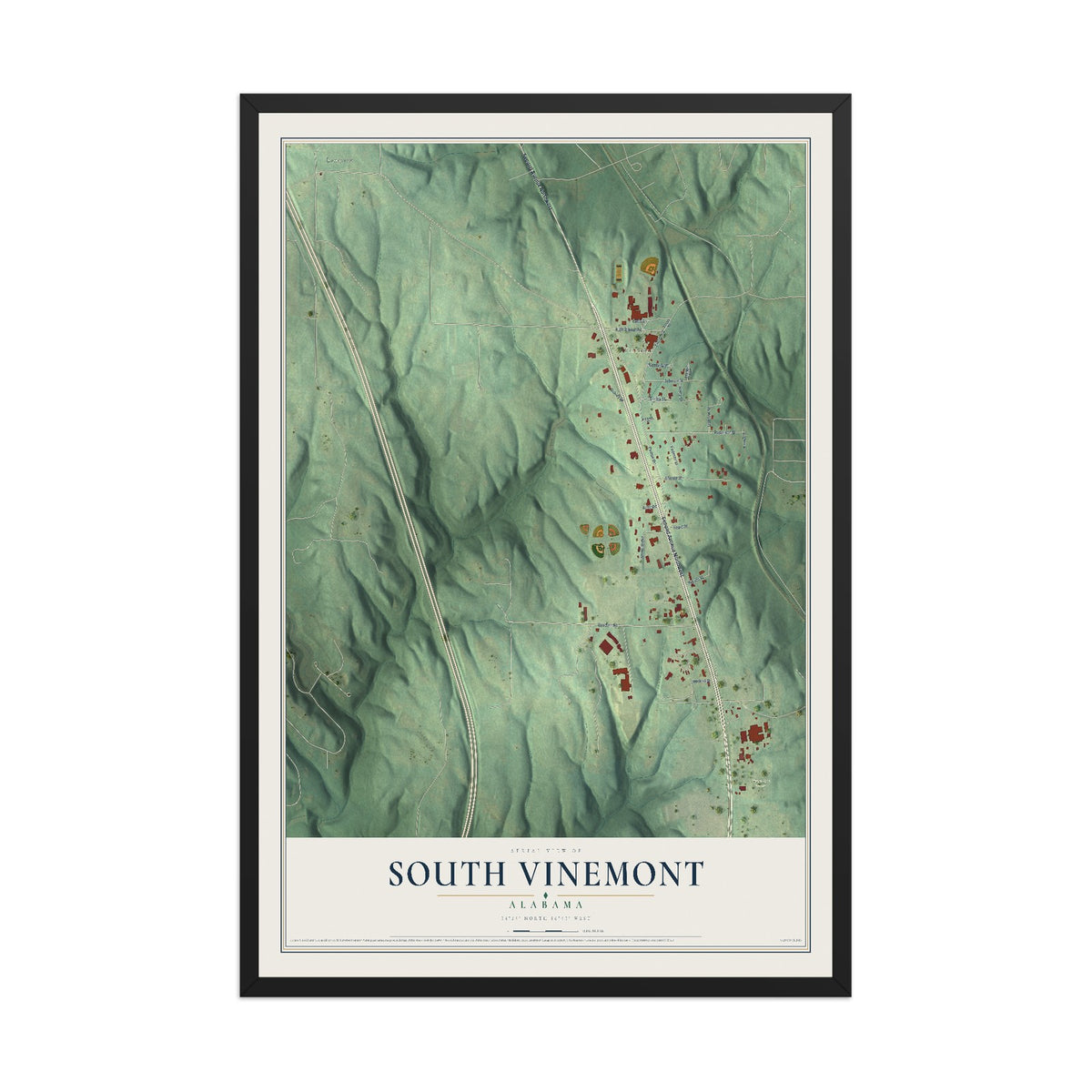Map of South Vinemont, Alabama, 12 x 18 inch print in a black wood frame