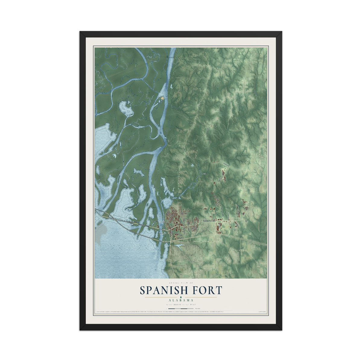 Map of Spanish Fort, Alabama, 12 x 18 inch print in a black wood frame