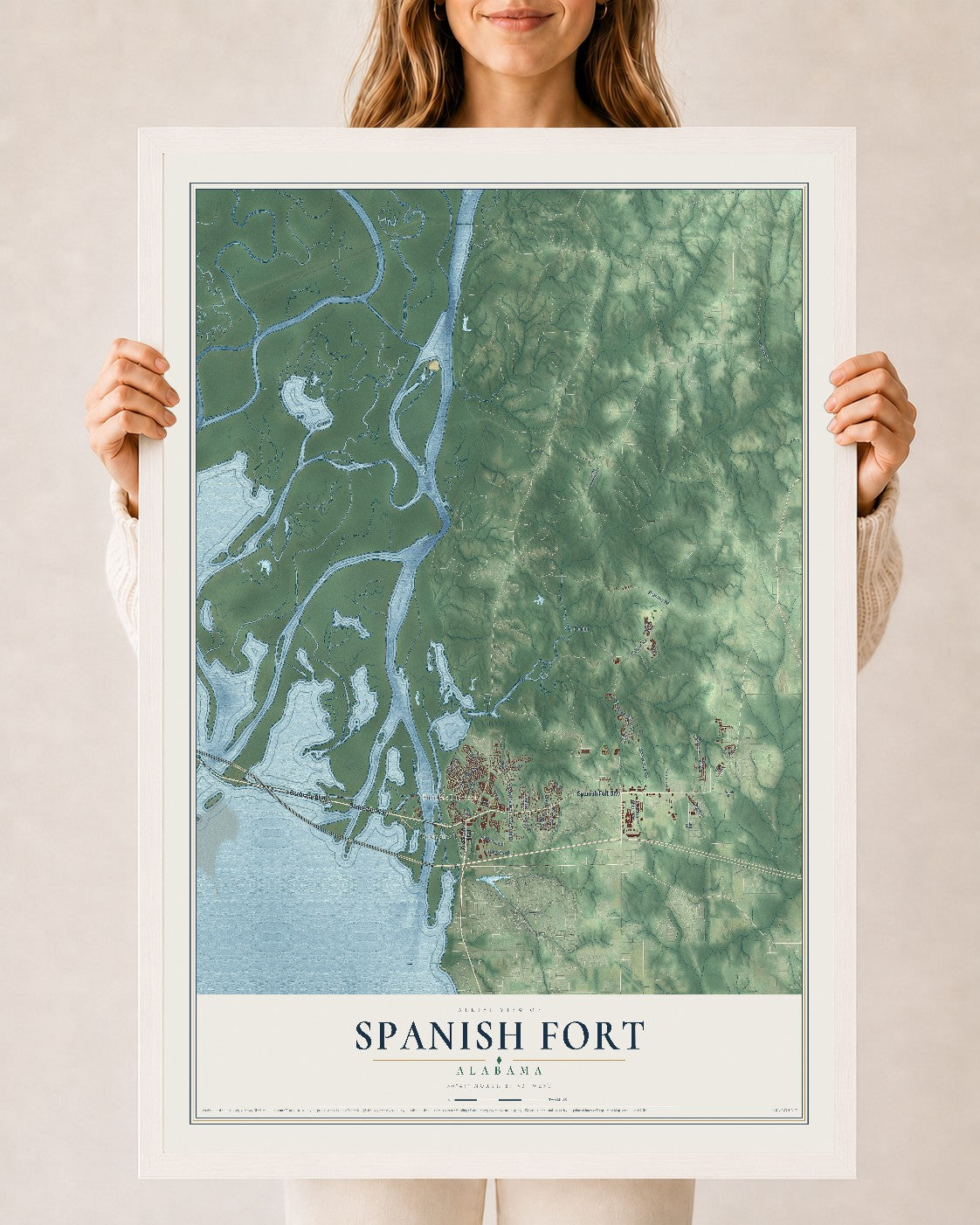 Map of Spanish Fort, Alabama, 24 x 36 inch print in a white wood frame