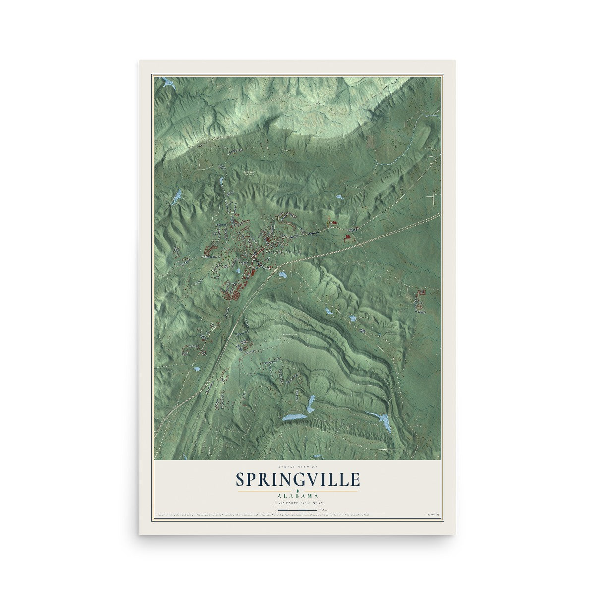 Map of Springville, Alabama, 12 x 18 inch unframed archival matte print