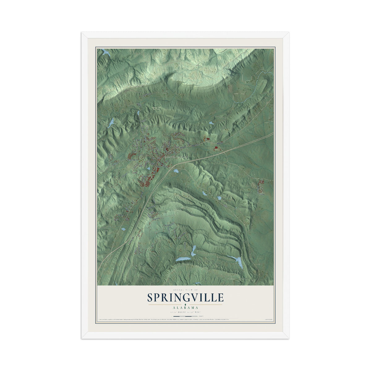 Map of Springville, Alabama, 12 x 18 inch print in a white wood frame