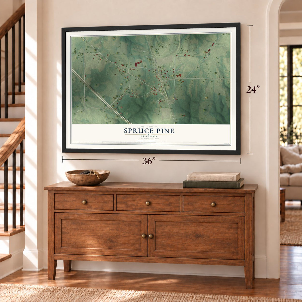Spruce Pine, Alabama map, 24 x 36 inch print in a black frame above a dresser by a staircase