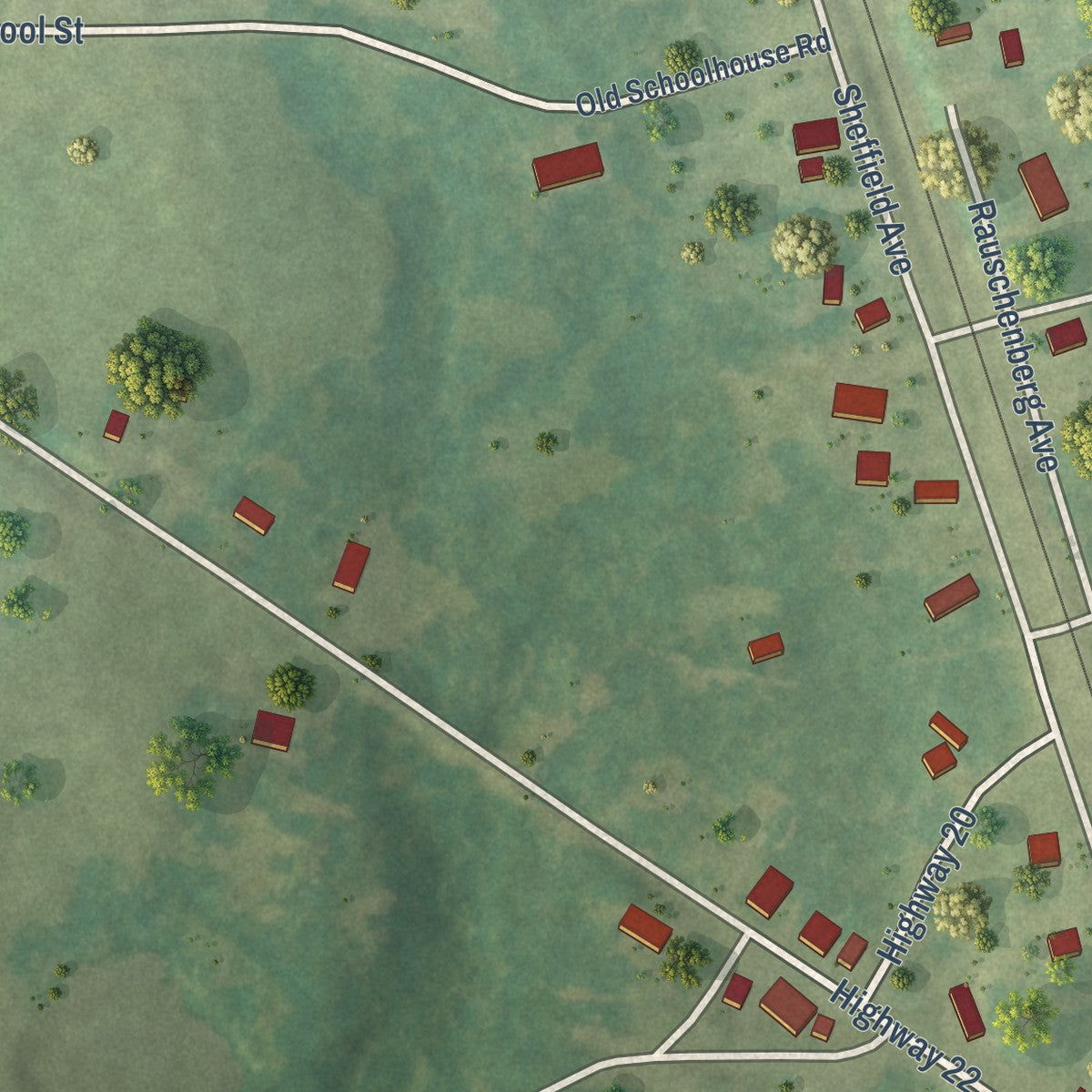 Close-up of the map of Spruce Pine, Alabama print showing street and building detail