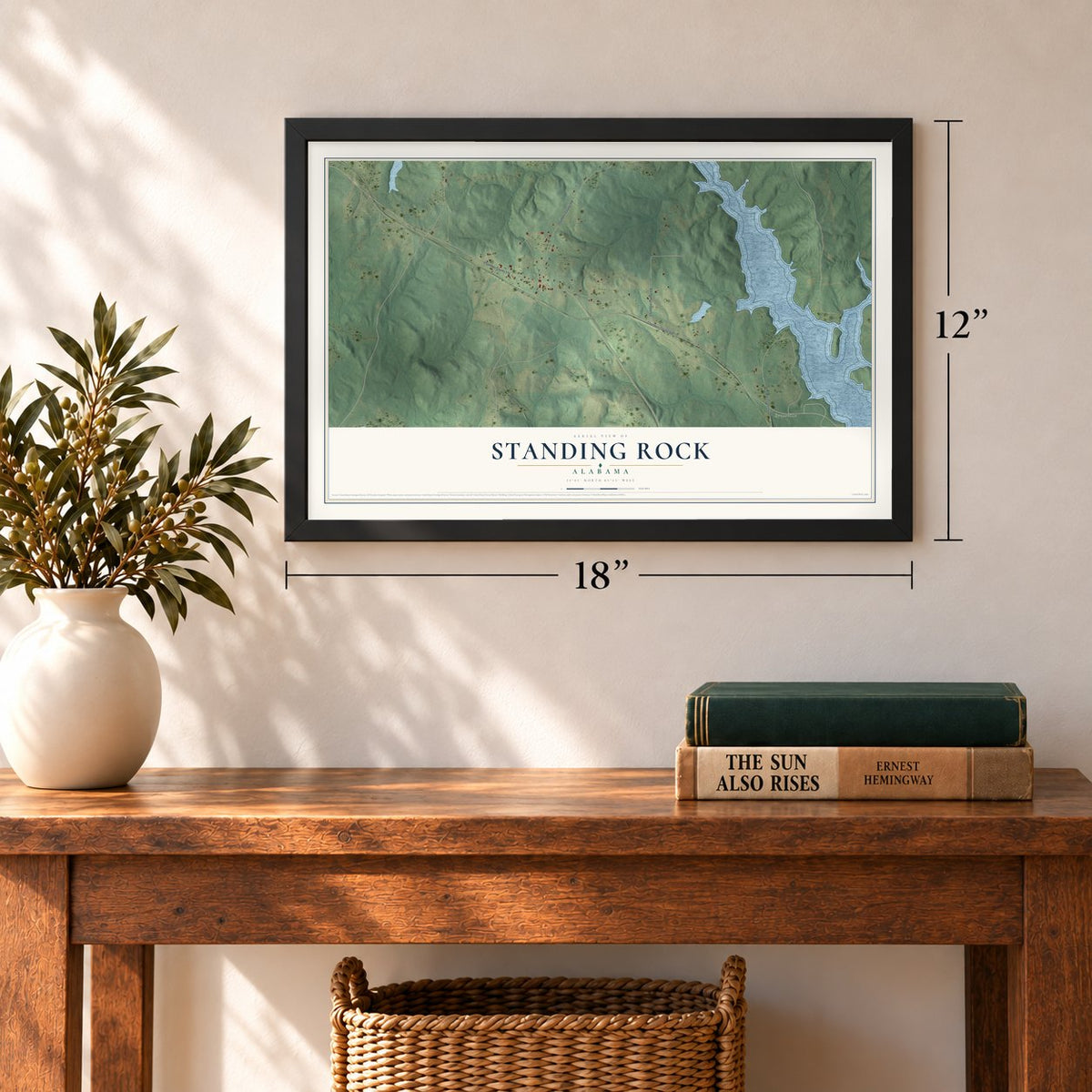 Standing Rock, Alabama map, 12 x 18 inch print in a black frame in an entryway