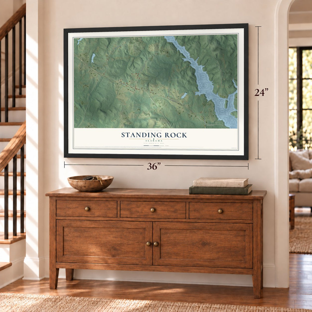 Standing Rock, Alabama map, 24 x 36 inch print in a black frame above a dresser by a staircase