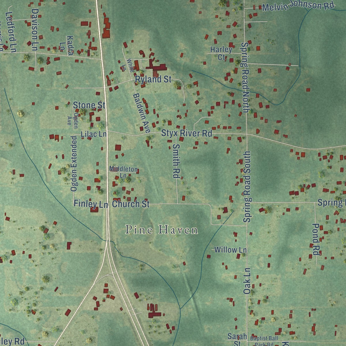 Close-up of the map of Stapleton, Alabama print showing street and building detail