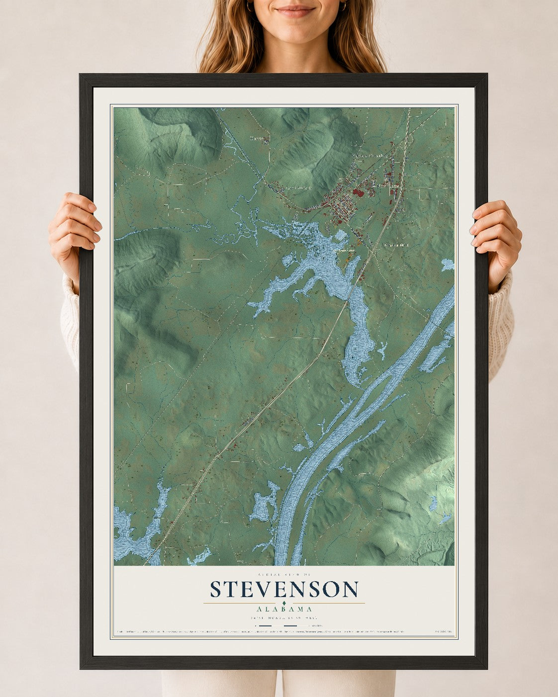 Map of Stevenson, Alabama, 24 x 36 inch print in a black wood frame