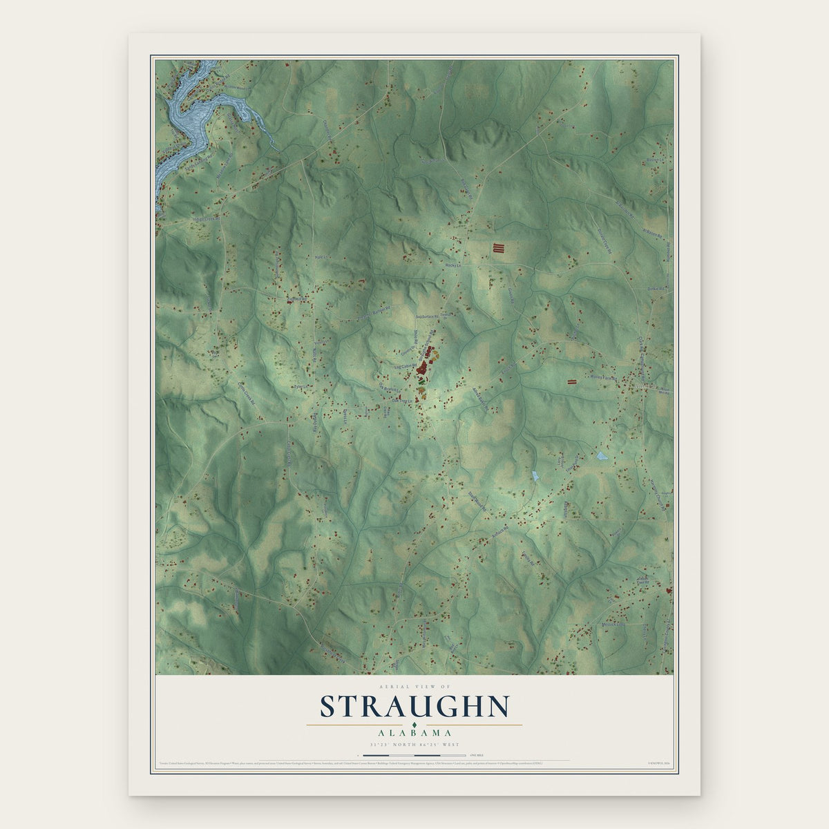 Straughn, Alabama map print, the full design