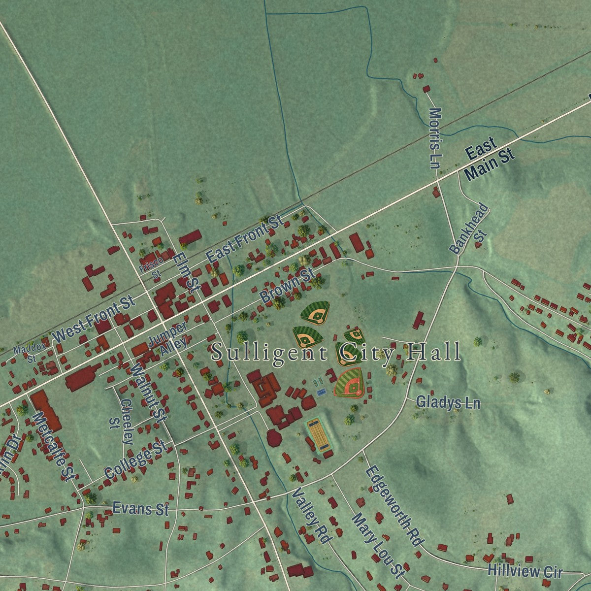 Close-up of the map of Sulligent, Alabama print showing street and building detail