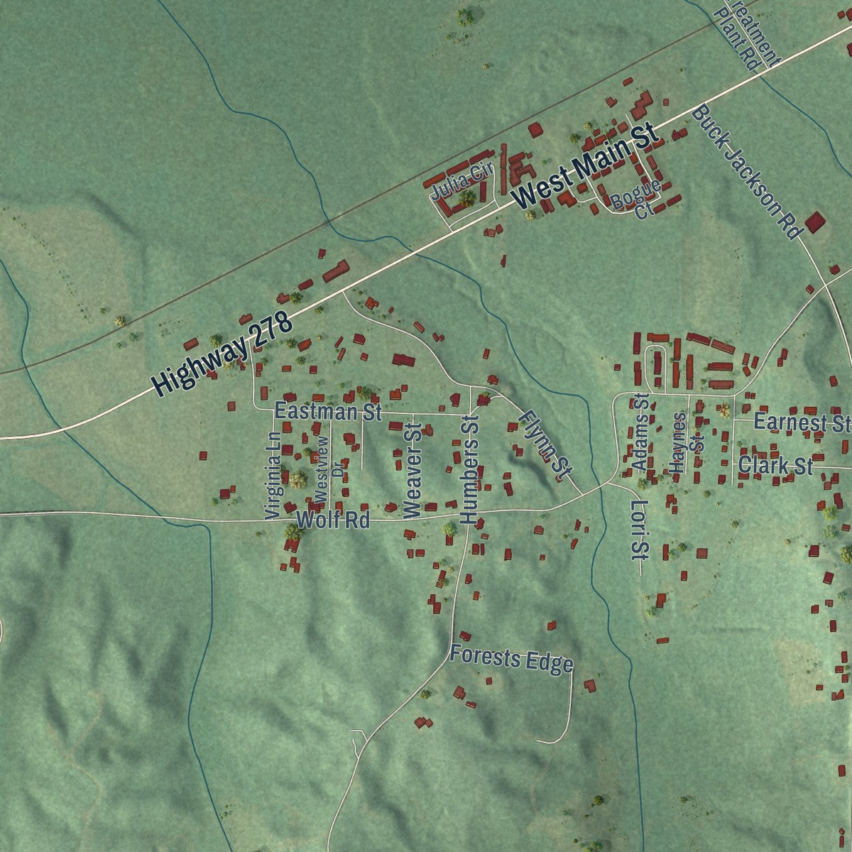 Second close-up of the map of Sulligent, Alabama print showing more streets and buildings