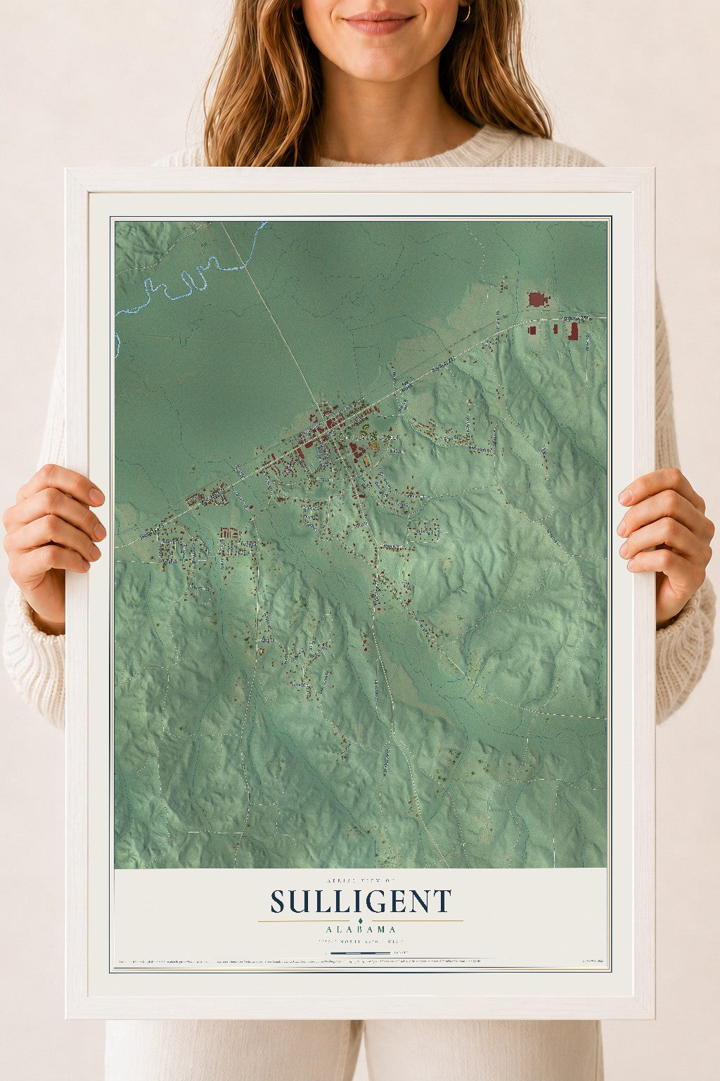 Map of Sulligent, Alabama, 18 x 24 inch print in a white wood frame
