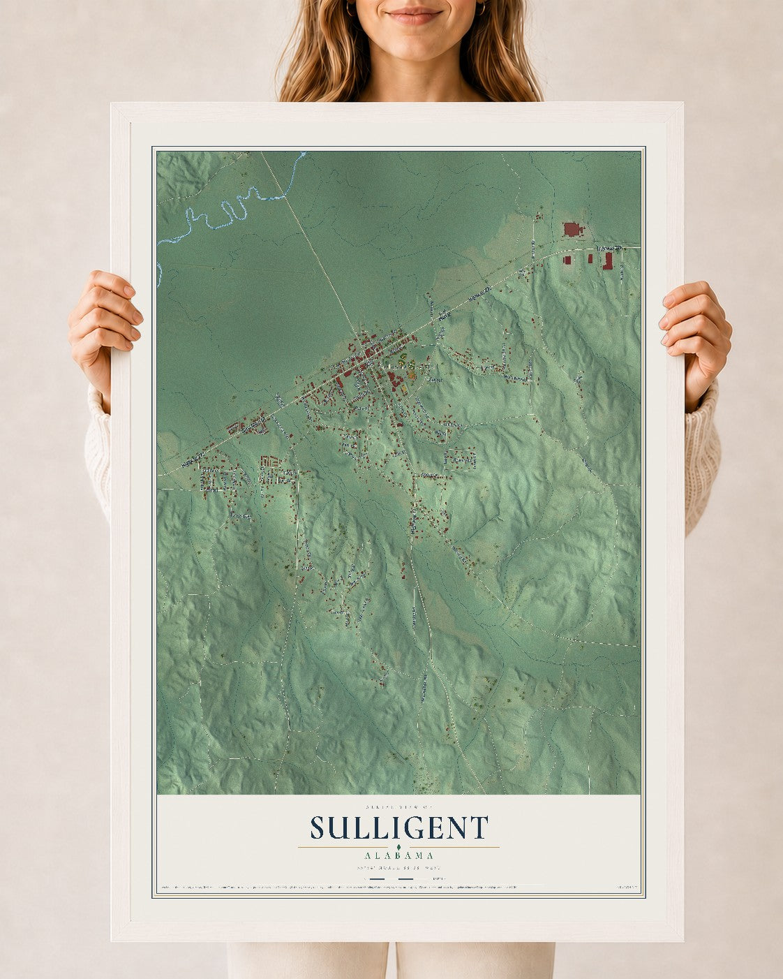 Map of Sulligent, Alabama, 24 x 36 inch print in a white wood frame