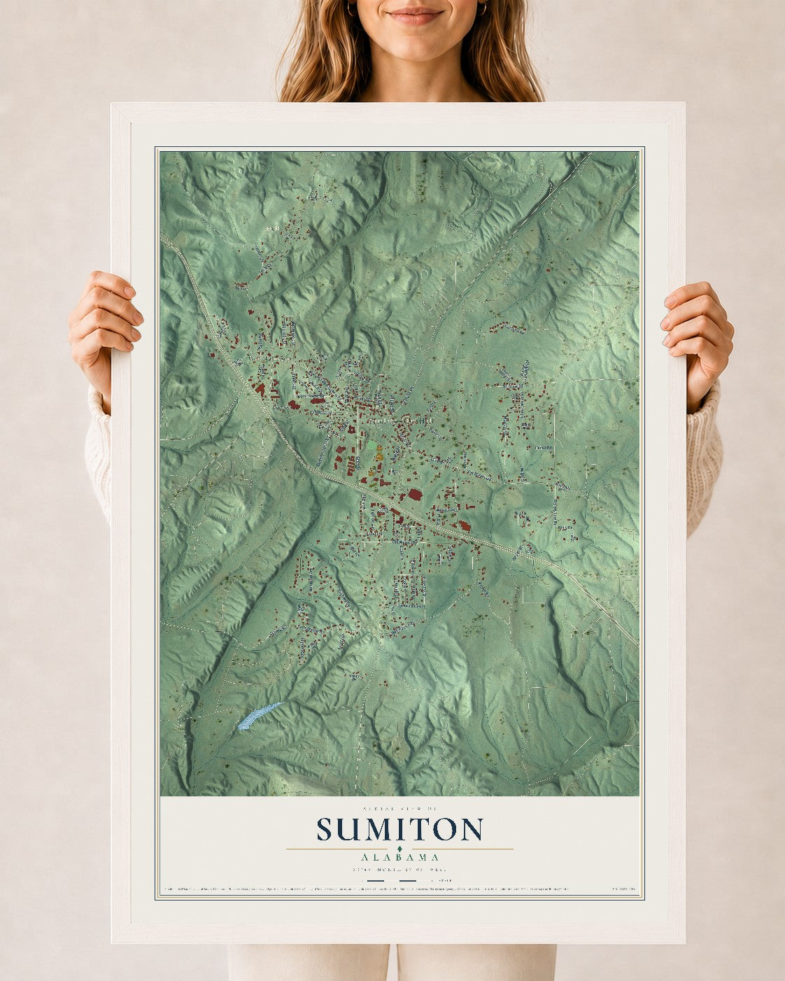 Map of Sumiton, Alabama, 24 x 36 inch print in a white wood frame