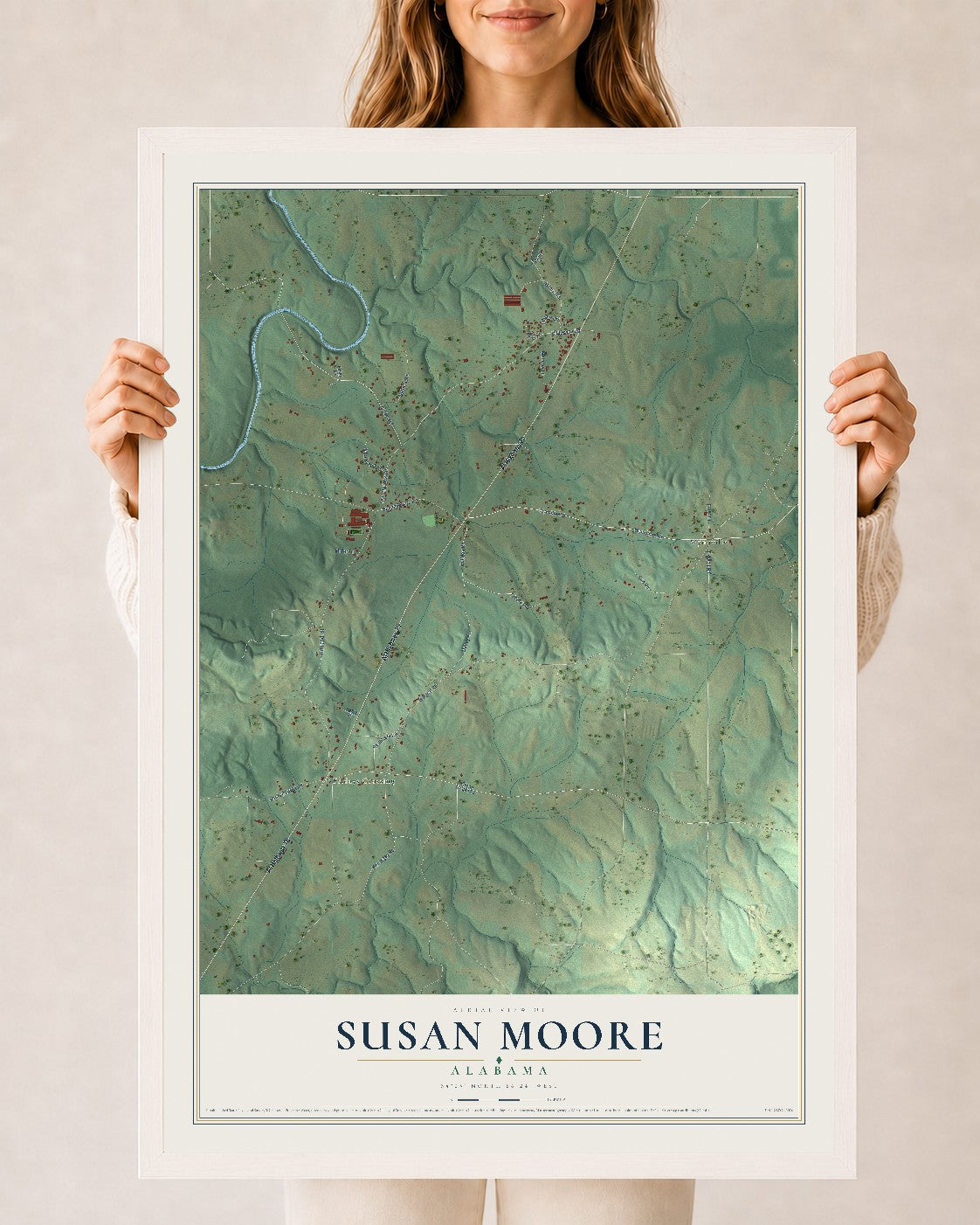 Map of Susan Moore, Alabama, 24 x 36 inch print in a white wood frame
