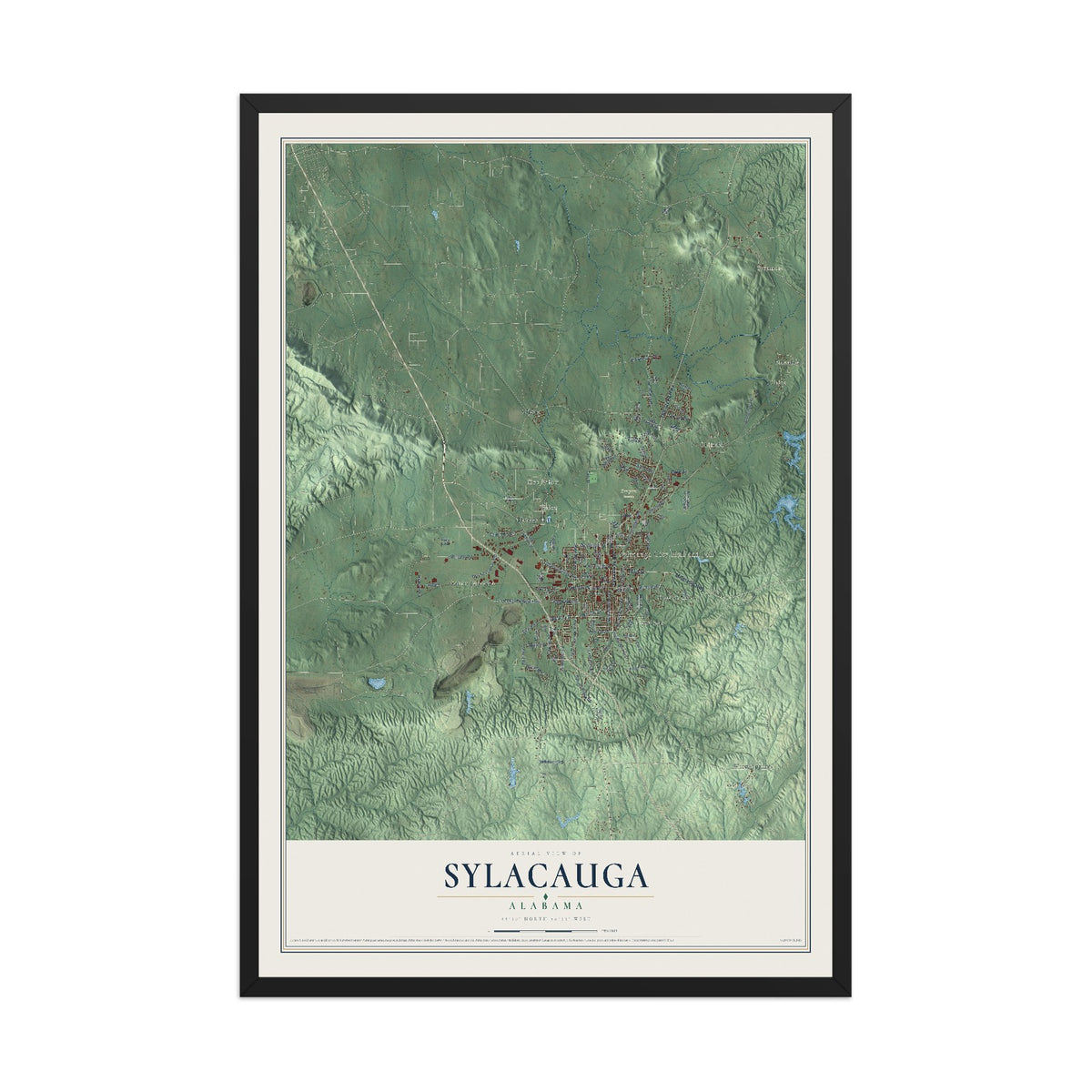 Map of Sylacauga, Alabama, 12 x 18 inch print in a black wood frame
