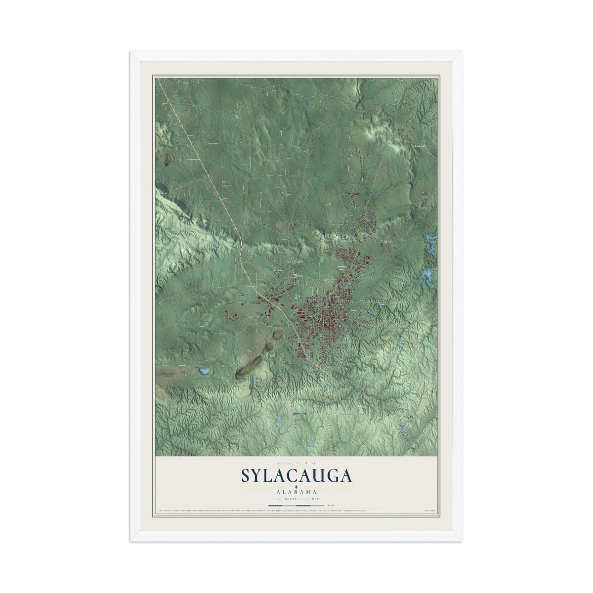 Map of Sylacauga, Alabama, 12 x 18 inch print in a white wood frame
