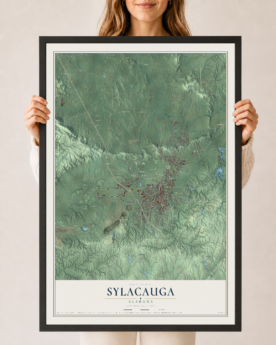 Map of Sylacauga, Alabama, 24 x 36 inch print in a black wood frame