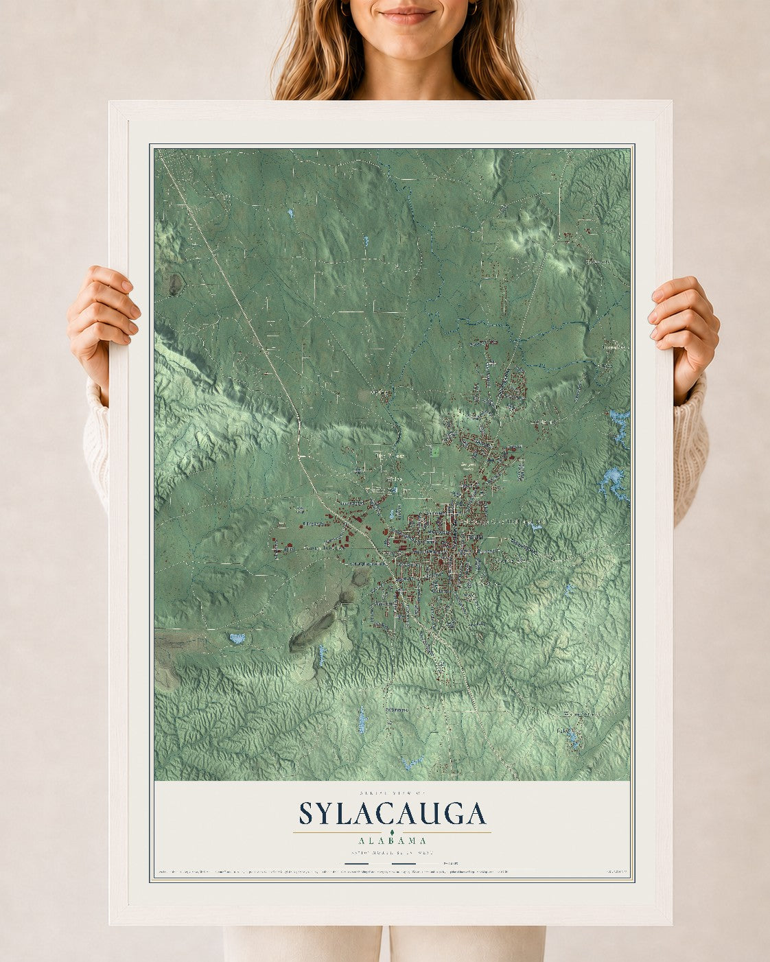 Map of Sylacauga, Alabama, 24 x 36 inch print in a white wood frame