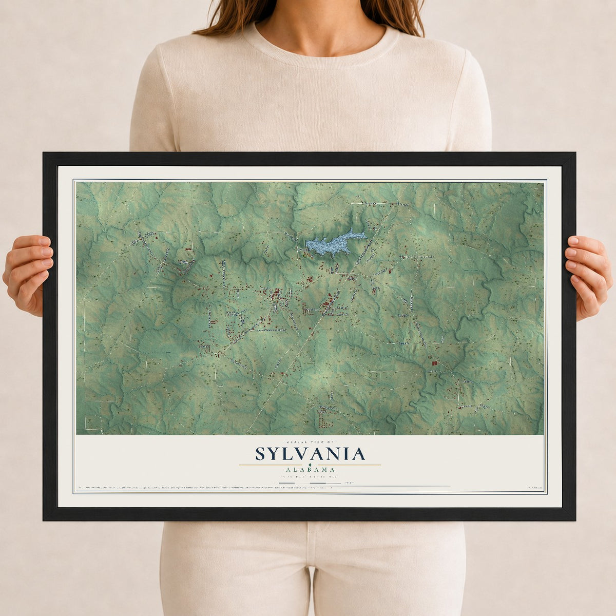 Map of Sylvania, Alabama, 12 x 18 inch print in a black wood frame