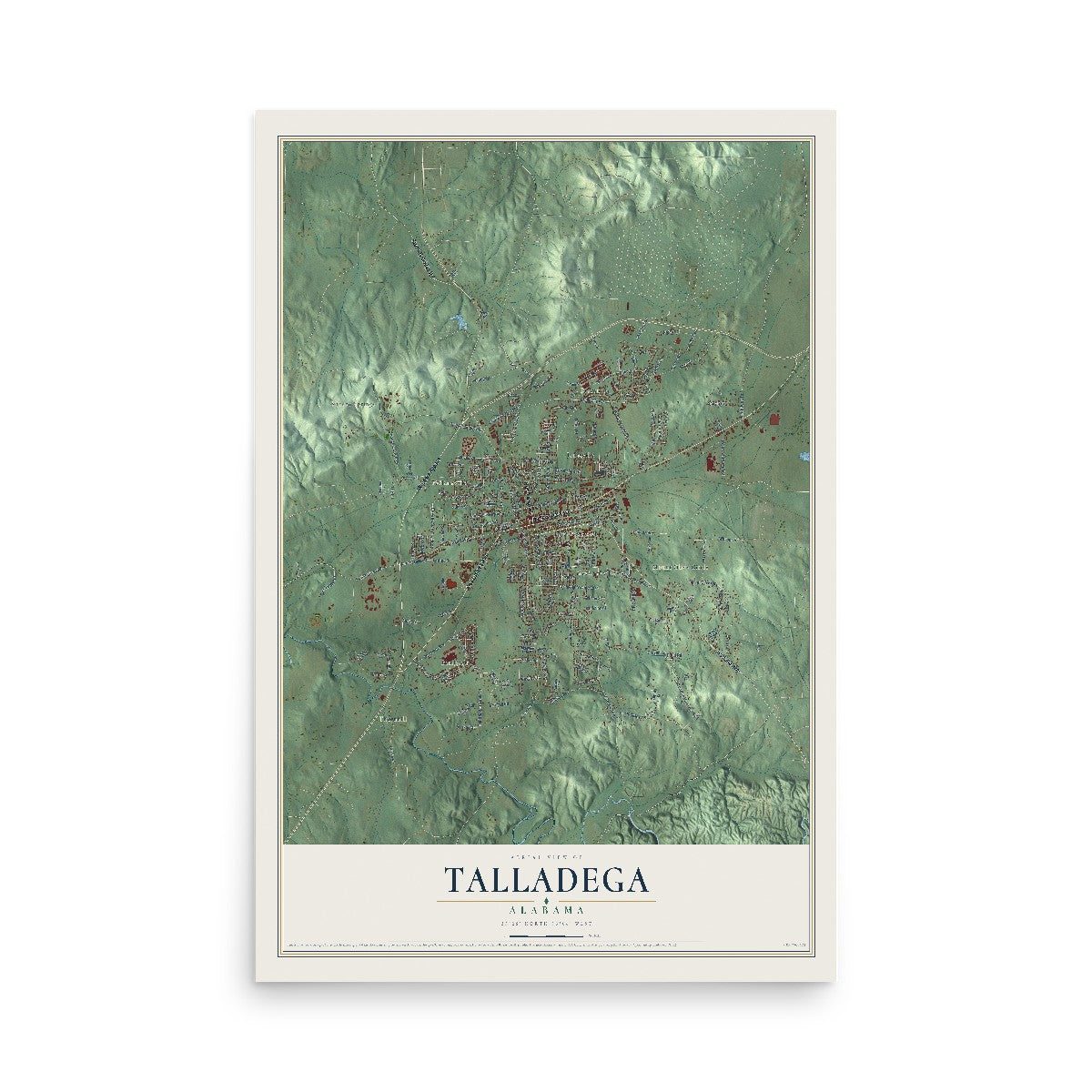 Map of Talladega, Alabama, 12 x 18 inch unframed archival matte print
