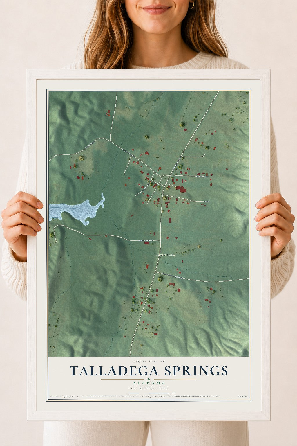 Map of Talladega Springs, Alabama, 18 x 24 inch print in a white wood frame
