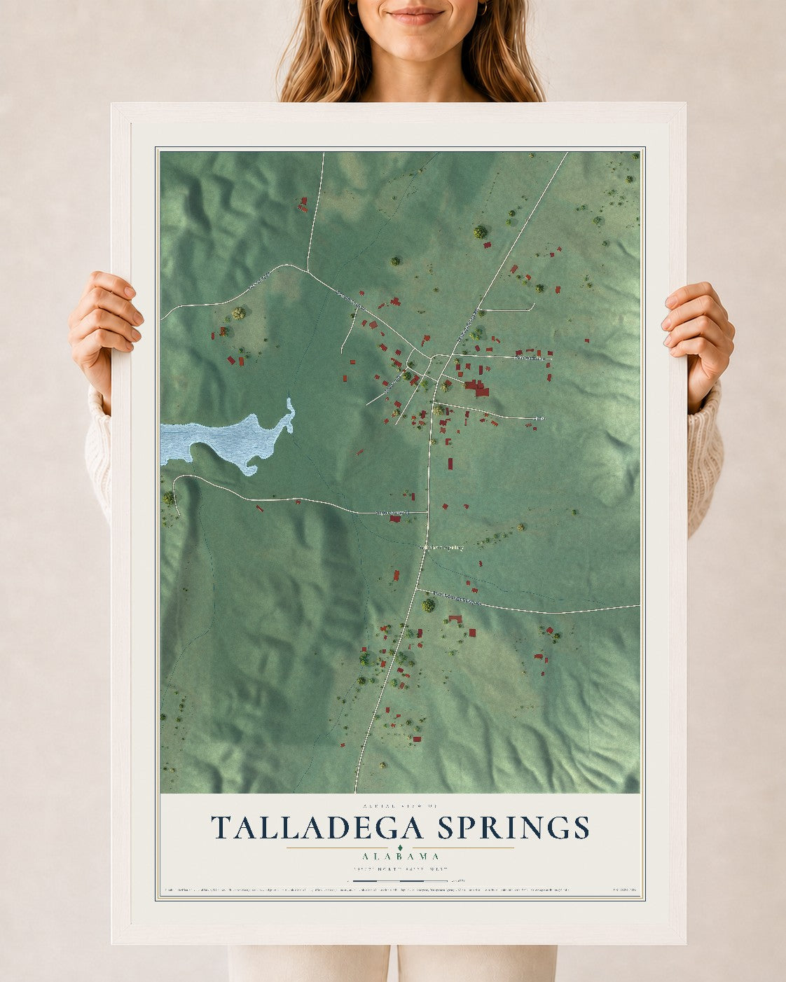 Map of Talladega Springs, Alabama, 24 x 36 inch print in a white wood frame