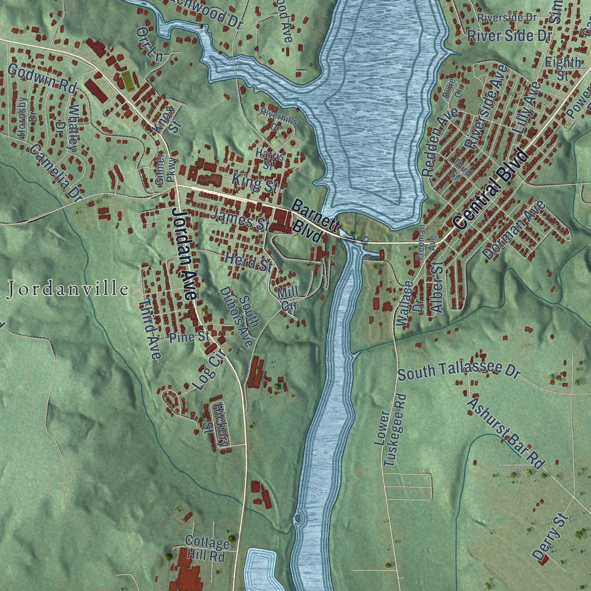 Close-up of the map of Tallassee, Alabama print showing street and building detail