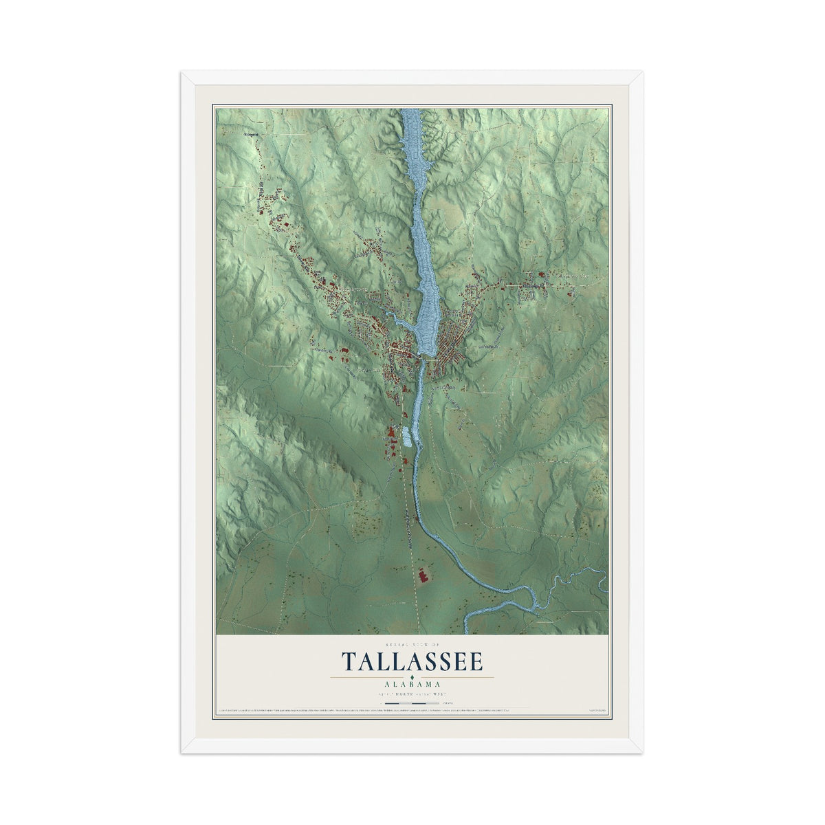 Map of Tallassee, Alabama, 12 x 18 inch print in a white wood frame