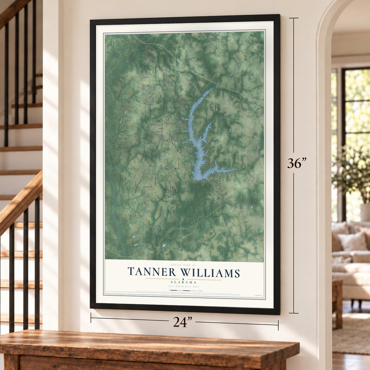 Tanner Williams, Alabama map, 24 x 36 inch print in a black frame by a staircase
