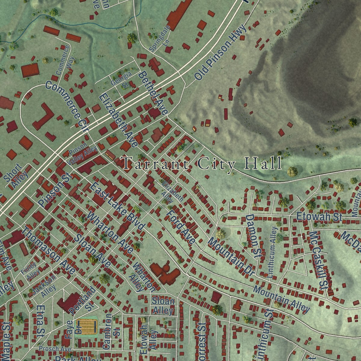 Close-up of the map of Tarrant, Alabama print showing street and building detail