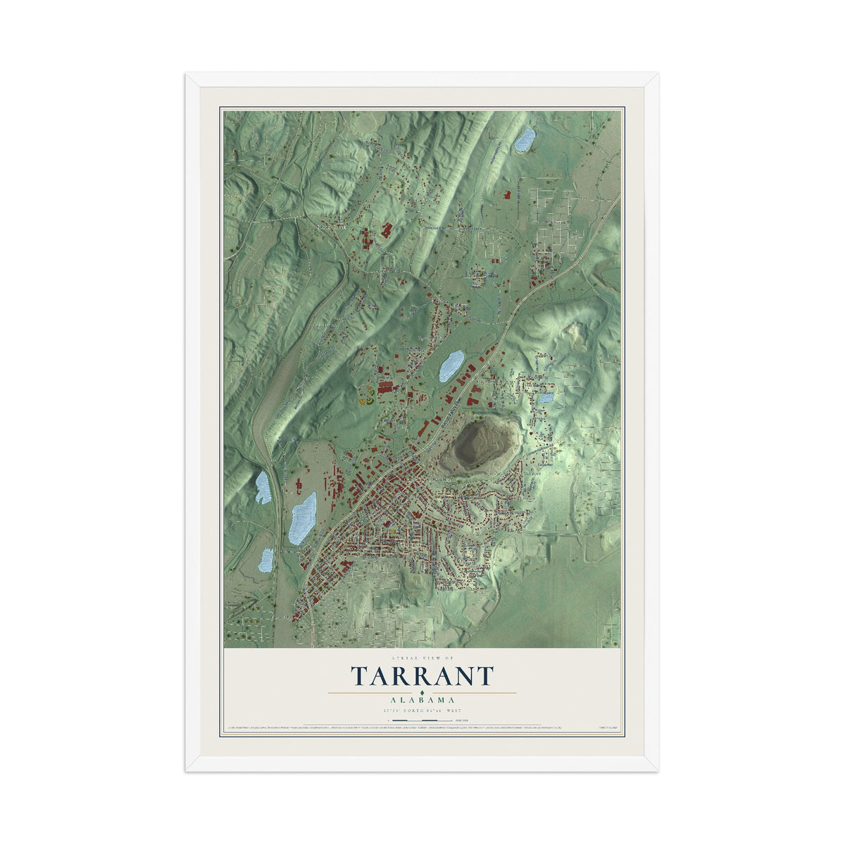 Map of Tarrant, Alabama, 12 x 18 inch print in a white wood frame