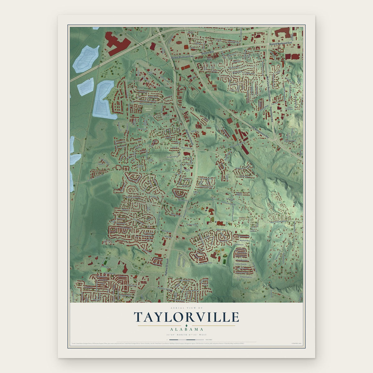 Taylorville, Alabama map print, the full design