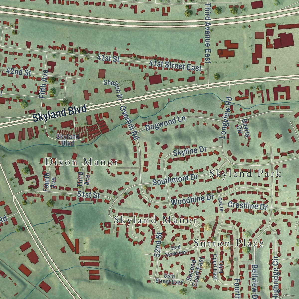 Close-up of the map of Taylorville, Alabama print showing street and building detail