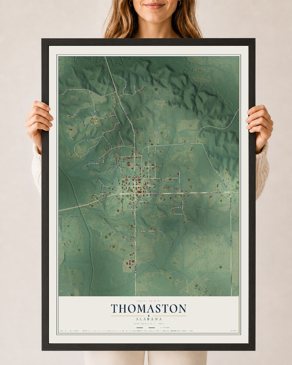 Map of Thomaston, Alabama, 24 x 36 inch print in a black wood frame