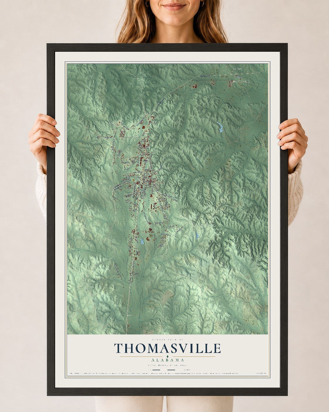 Map of Thomasville, Alabama, 24 x 36 inch print in a black wood frame