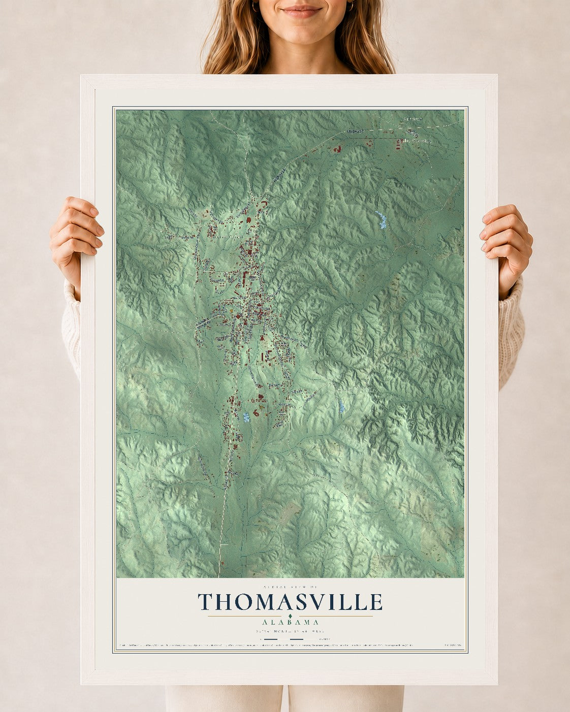Map of Thomasville, Alabama, 24 x 36 inch print in a white wood frame