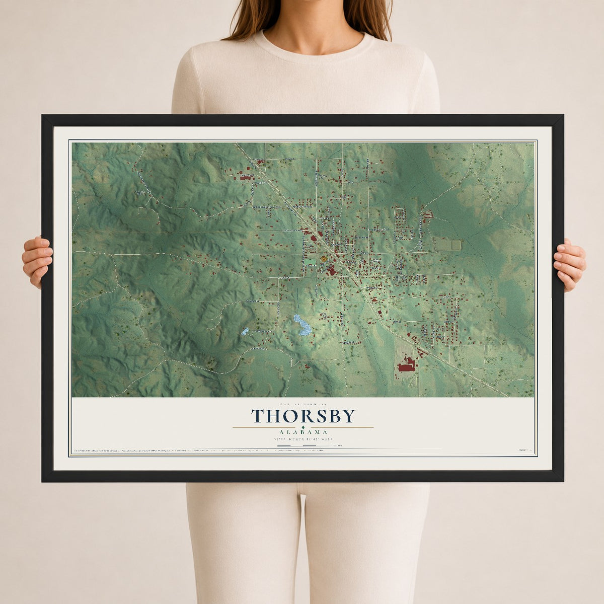 Map of Thorsby, Alabama, 24 x 36 inch print in a black wood frame