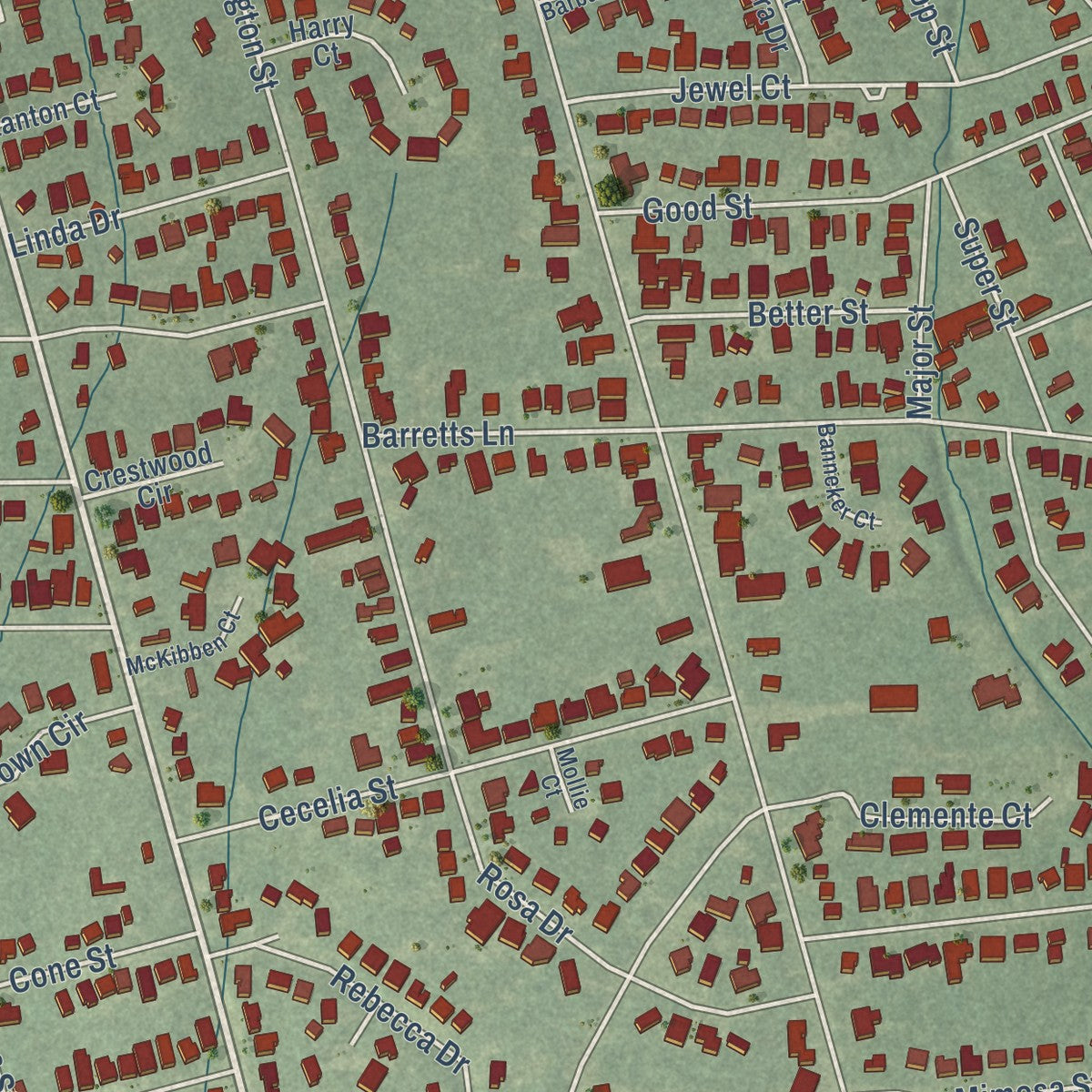 Second close-up of the map of Toulminville, Alabama print showing more streets and buildings