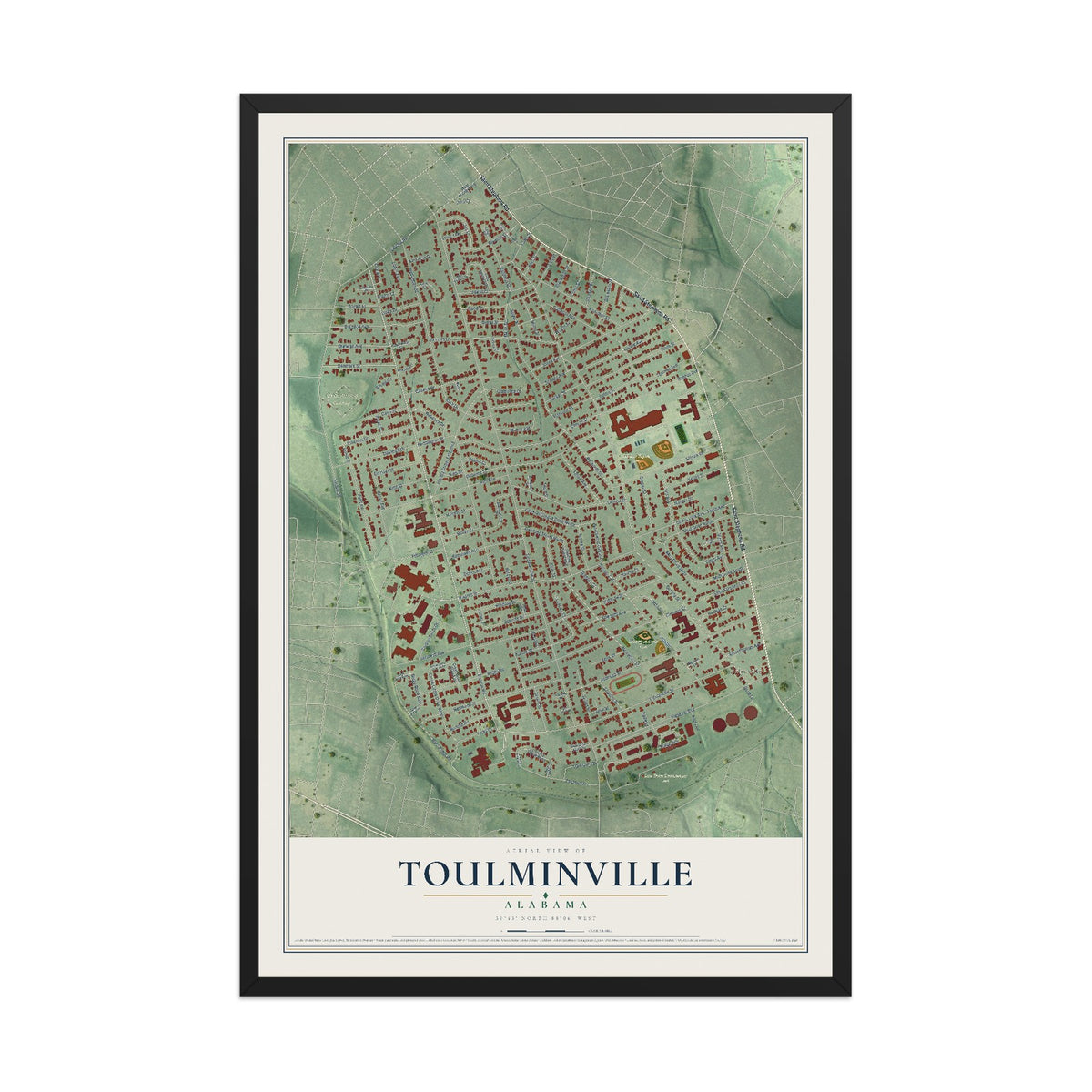 Map of Toulminville, Alabama, 12 x 18 inch print in a black wood frame