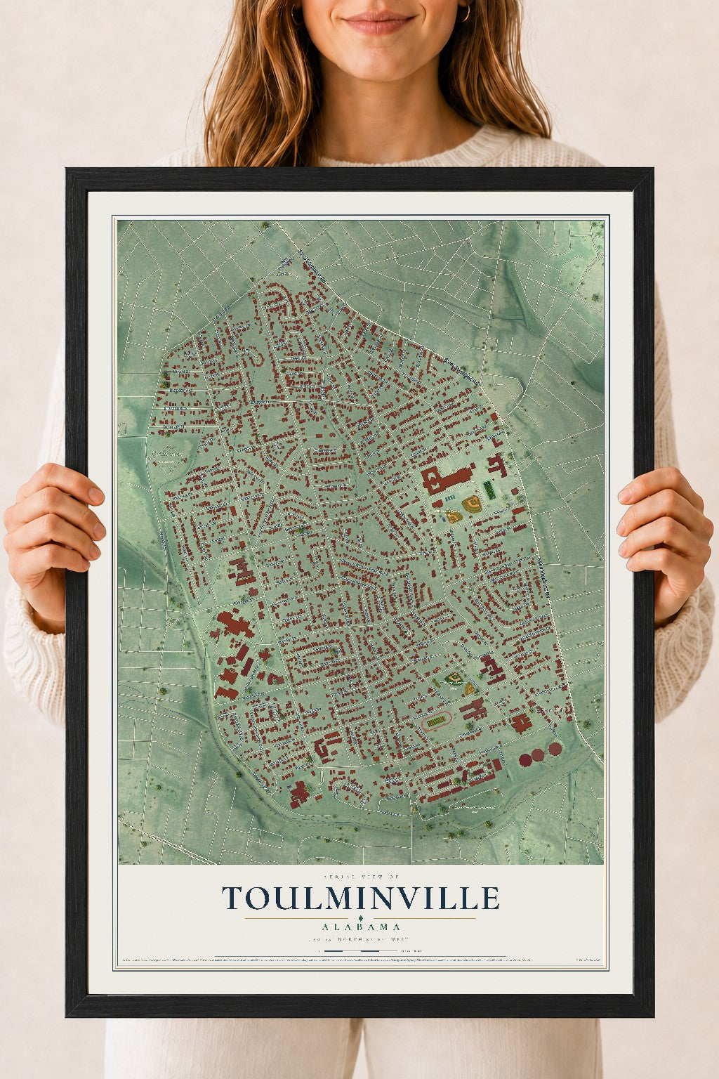 Map of Toulminville, Alabama, 18 x 24 inch print in a black wood frame